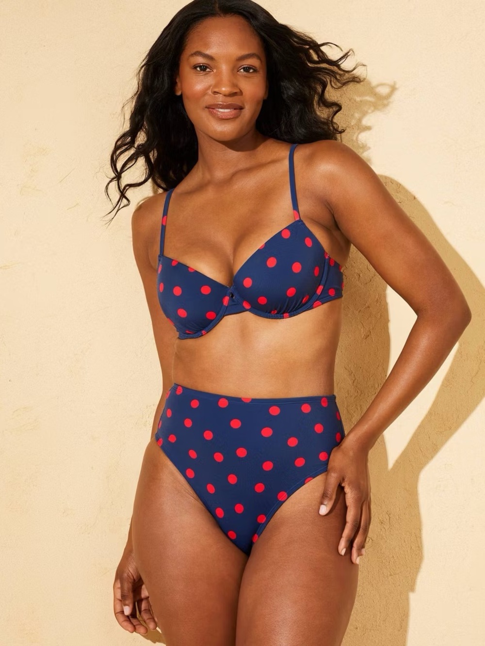 Navy and Red Polka Dot High-Waist Bikini Set- 34B + XS bottoms